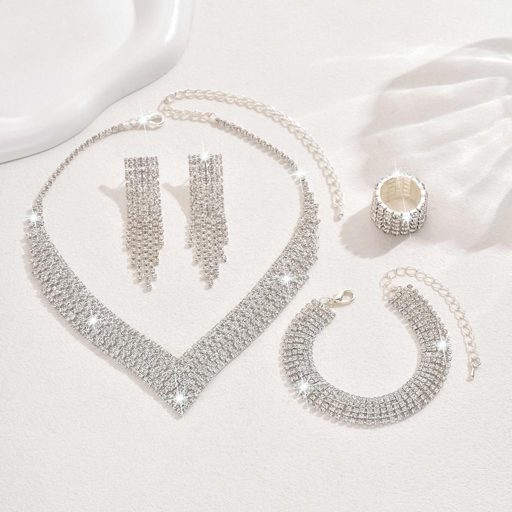 Premium Design Full Diamond Super Flash Necklace, Tassel Earrings, Bracelet, Ring Set Bridal Jewelry Set
