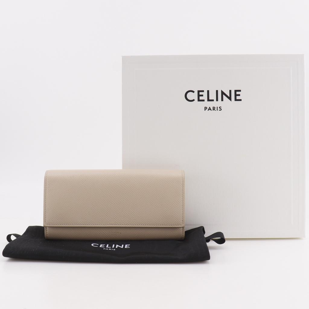 Celine Large Flap Wallet Purse Beige Calfskin Women Used