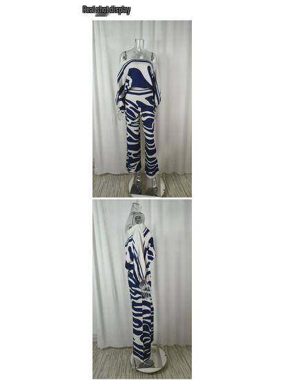 European & American Women's Print Top & Wide-Leg Pants Set with Batwing Sleeves