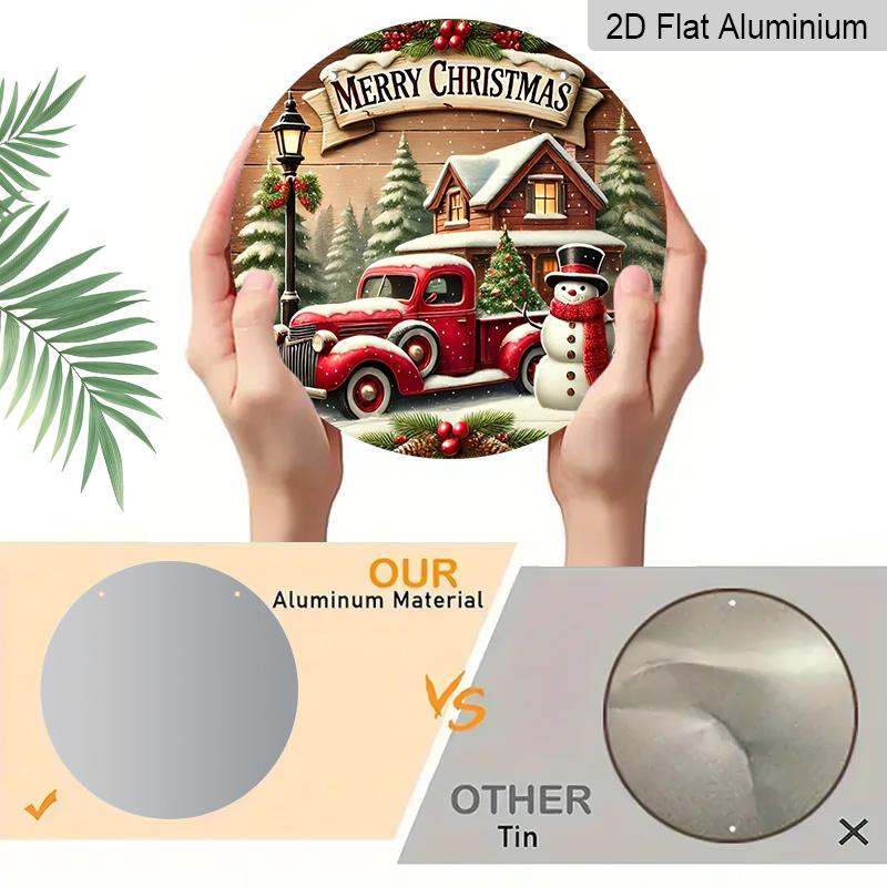 2D Flat, 1pc Round Merry Christmas Vintage Aluminum Hanging Ornament, Snowy Cabin Pine Tree Holly Berry Winter Scene Print, Metal Wall Door Hanging