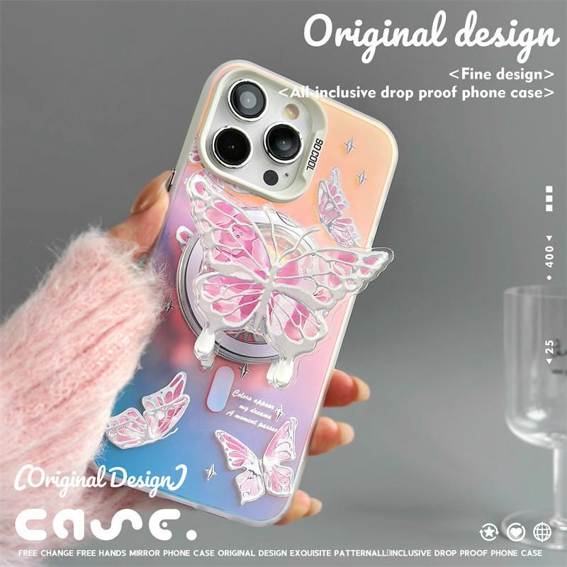 Magnetic Bracket Frosted Phone Case Compatible and Suitable for iPhone15 14 13 12 11promax Xsmax Xr 7 8plus Elegant Pink Butterfly