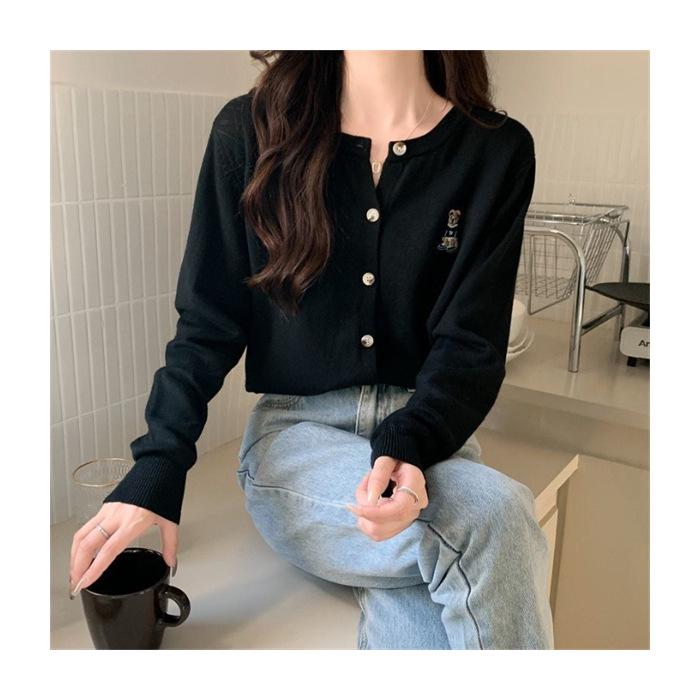 

Кардиган вязаный Маленький медвежонок весна и осень 2025: Женский свитер с длинным рукавом в ленивом стиле One Size чёрный