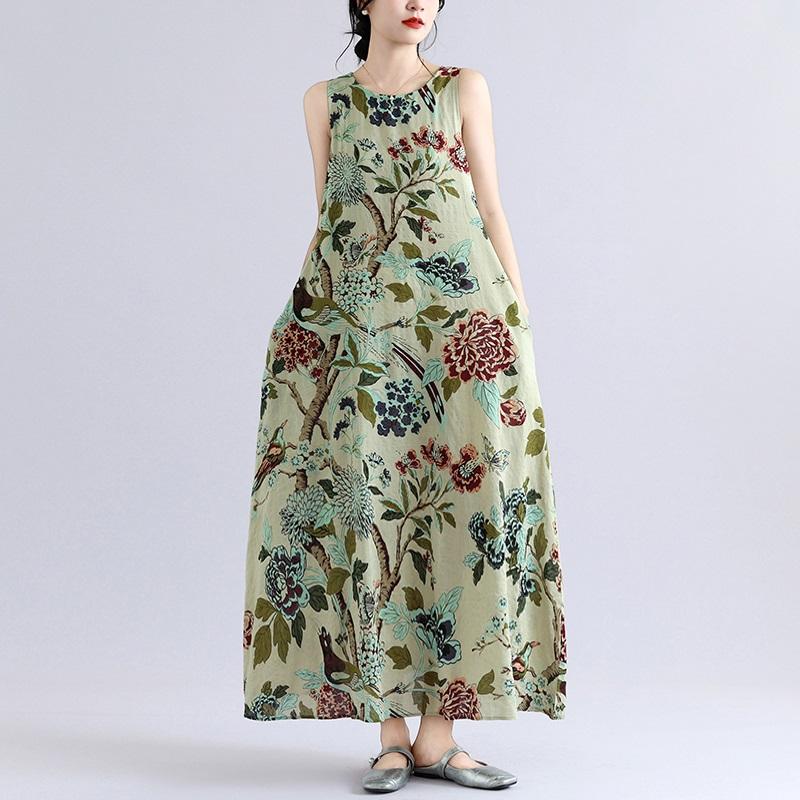 Senza maniche Taglie forti Cotone vintage Floreale Novità in abiti da donna casual abito lungo estivo ampio