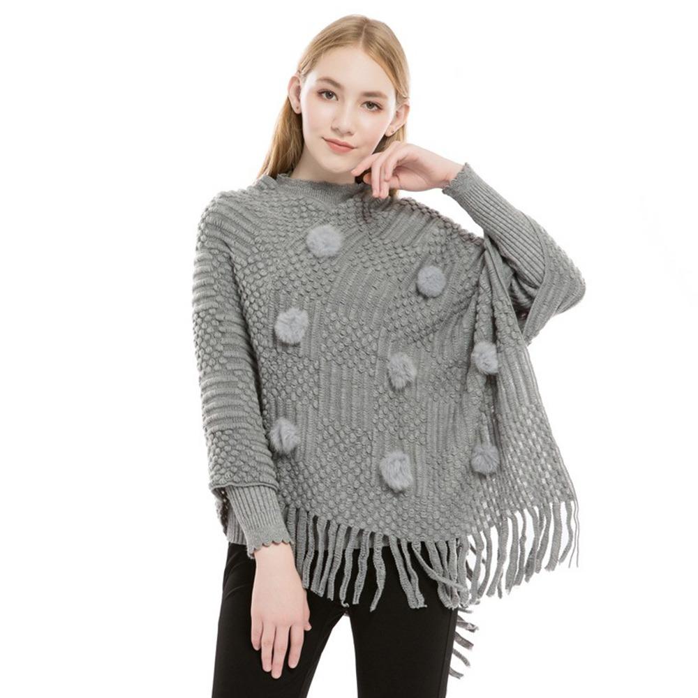 New Imitation Cashmere Warm Shawl Plus Size Rabbit Fur Ball Wrap Cloak Solid Color Tassels Scarf
