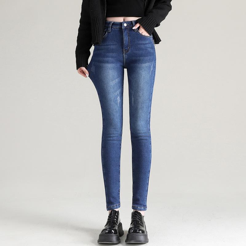 Fleece thickened jeans women's winter, women's high waist black small feet tight-fitting extended fleece outer pants