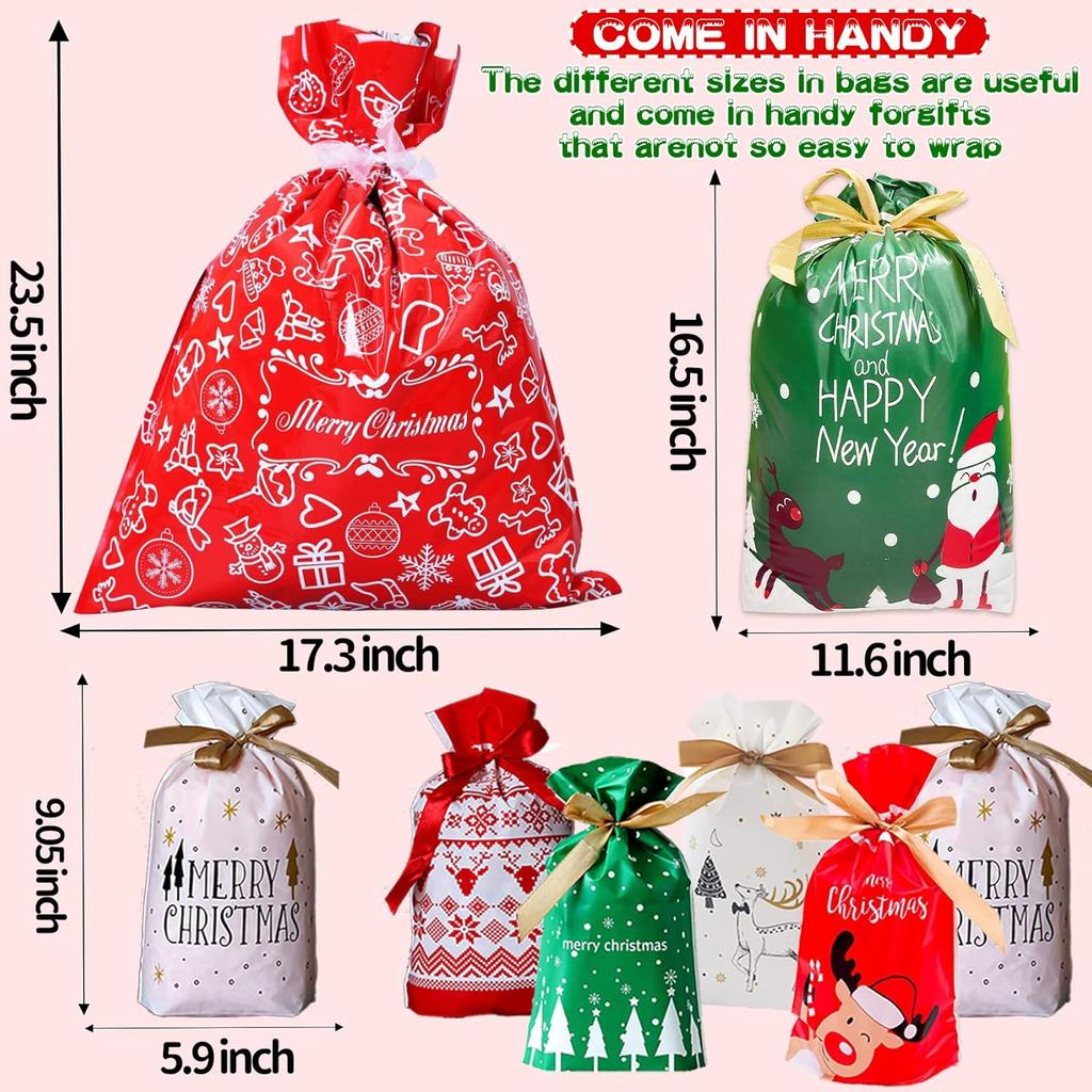 Funnlot Christmas Drawstring Gift Bags 32PCS in 7 Styles Christmas Wrapping Bags Xmas Treats Bags Christmas Party Favor Pouch Goody Sweet Treat Candy