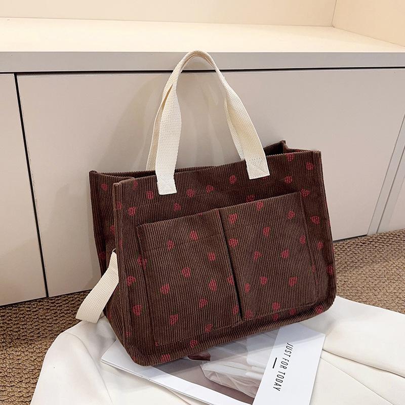 Sweet Strawberry Print Corduroy Shoulder Bags for Women Large Capacity Ladies Multi-Pocket Crossbody Bag Bow Handbags Tote