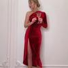 Autunno e Inverno Abito da Festa Sexy da Donna con Scollo Obliquo Elegante Moda Velluto Pieghettato con Spacco Abito da Donna Casual Slim Fit Irregolare da Sera 26062