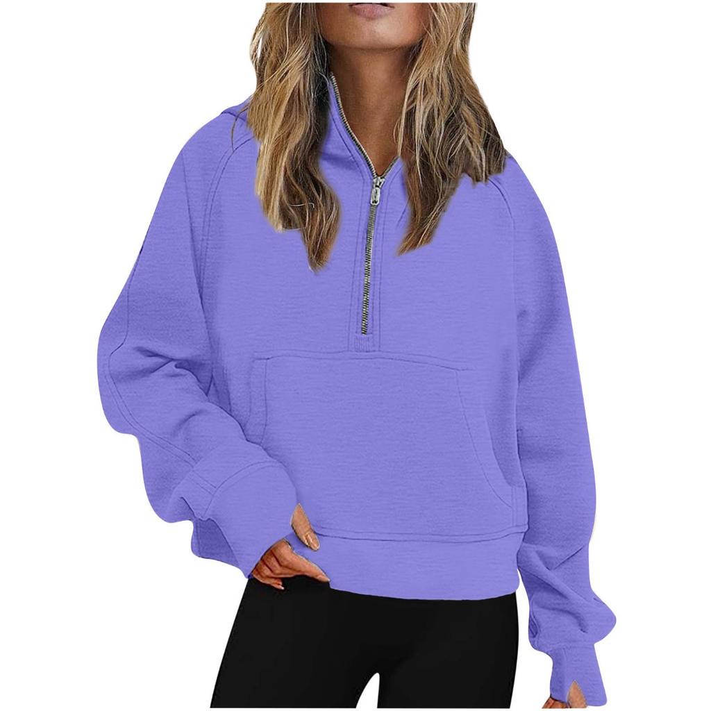 2025 Autumn Winter New Women's Scuba Sports Half-Zip Yoga Loose Short Hooded Fleece Lined Sweatshirt