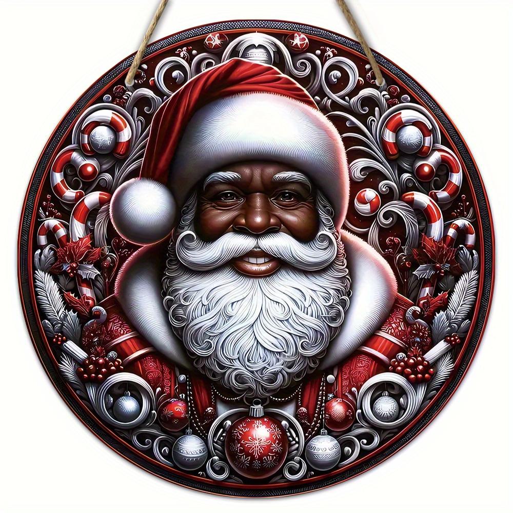 Black Santa Claus Wooden Sign - Navidad Round Sign for Yard Door Wall Hanging Decor - Ideal Christmas Decoration