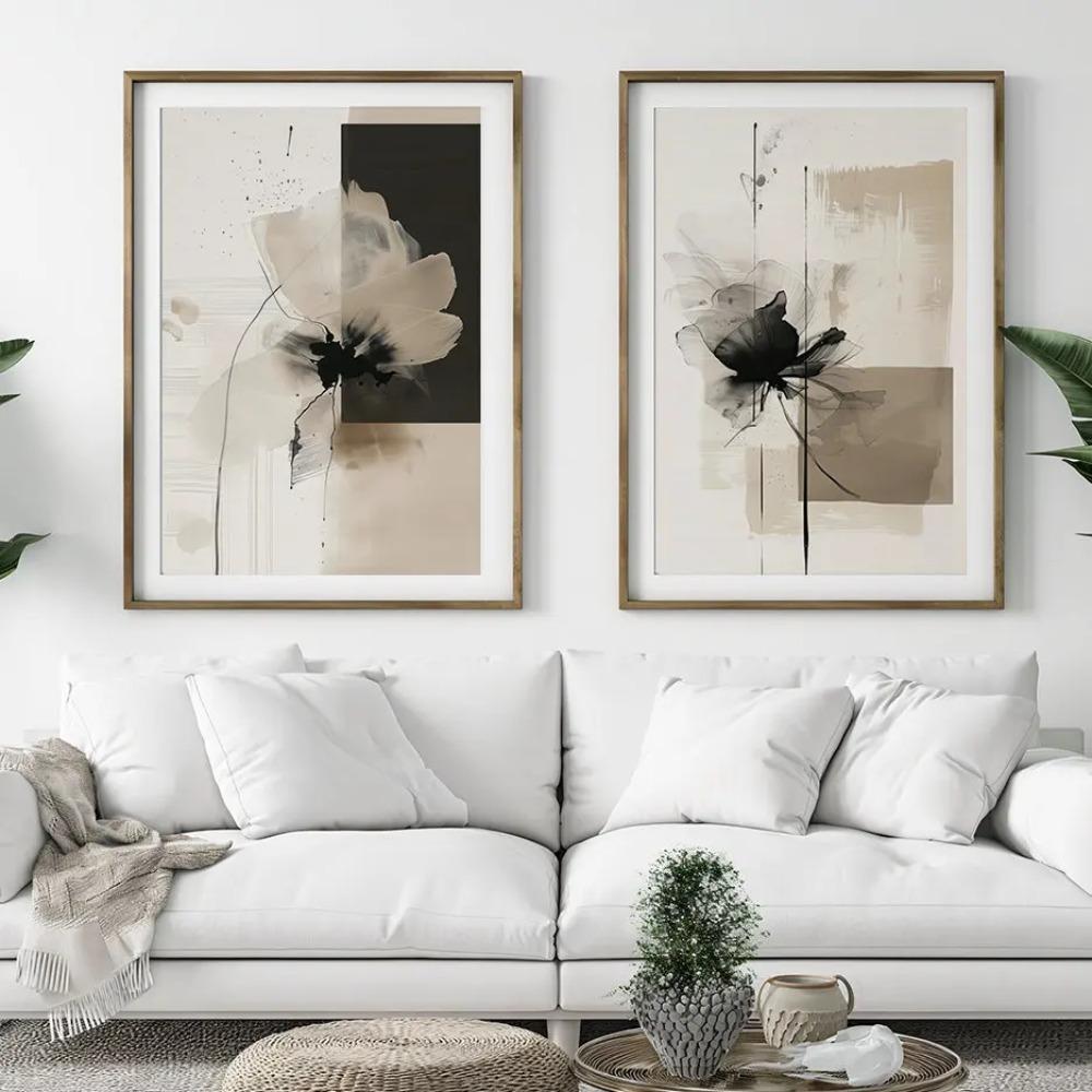 Abstract Vintage Minimalist Flower Poster Beige Black Botanical Canvas Painting Print Wall Art Decorative For Living Room Decor