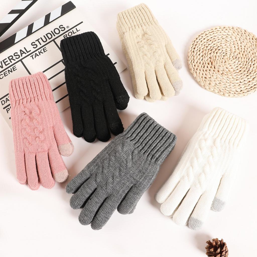 Warm Knitted Women Gloves for Autumn Winter Touch Screen Multi Color Double Layer Thick Plush Five Finger Riding Cold Resistant