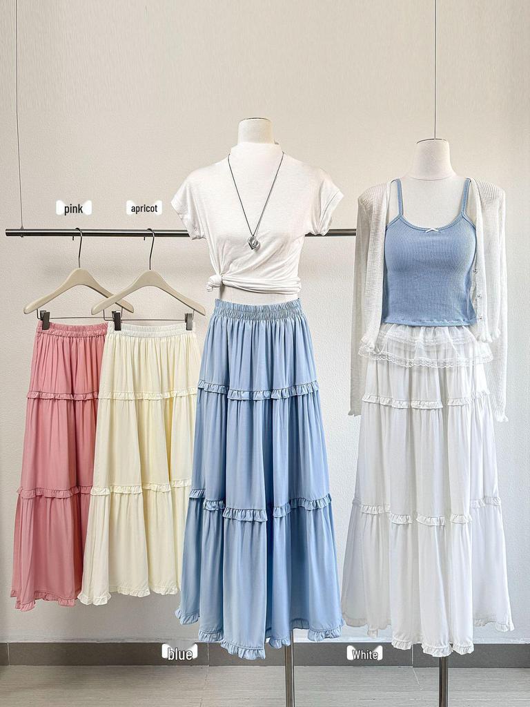 Apricot High-Waisted Ruffled Patchwork Midi Skirt - Spring/Summer 2026 Collection