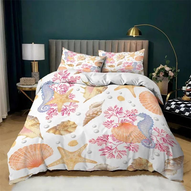 Ocean Bedding Set King/Queen Size Nautical Coastal Bedding,Hippocampus Comforter Cover For Kid Boys Girls,Sea Animal Duvet Cover