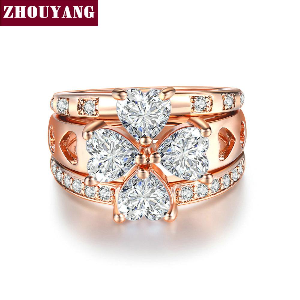 Luxury Lucky Clover Ring Sets For Women Sweet heart Wedding Cubic Zirconia Rose Gold Color 3 PCS Fashion Jewelry R673