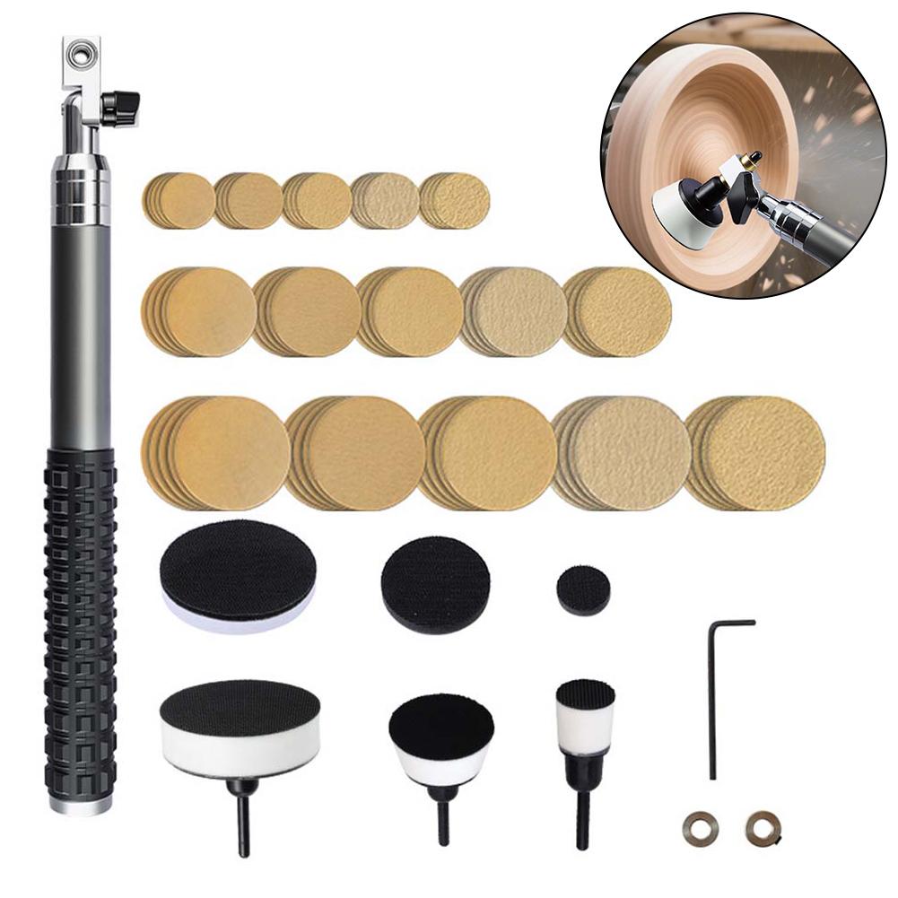 Wood Lathe Bowl Sander Kit Adjustable Dual Bearing Head Hardwood Handle and 75pcs Sanding Discs 60 80 120 220 320