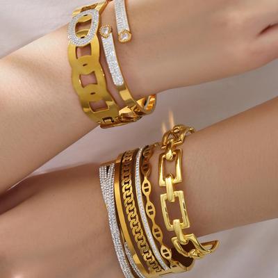 18K Gold-Plated Stainless Steel Zirconia Bracelet with Geometric Clasp – Versatile Light Luxury Design