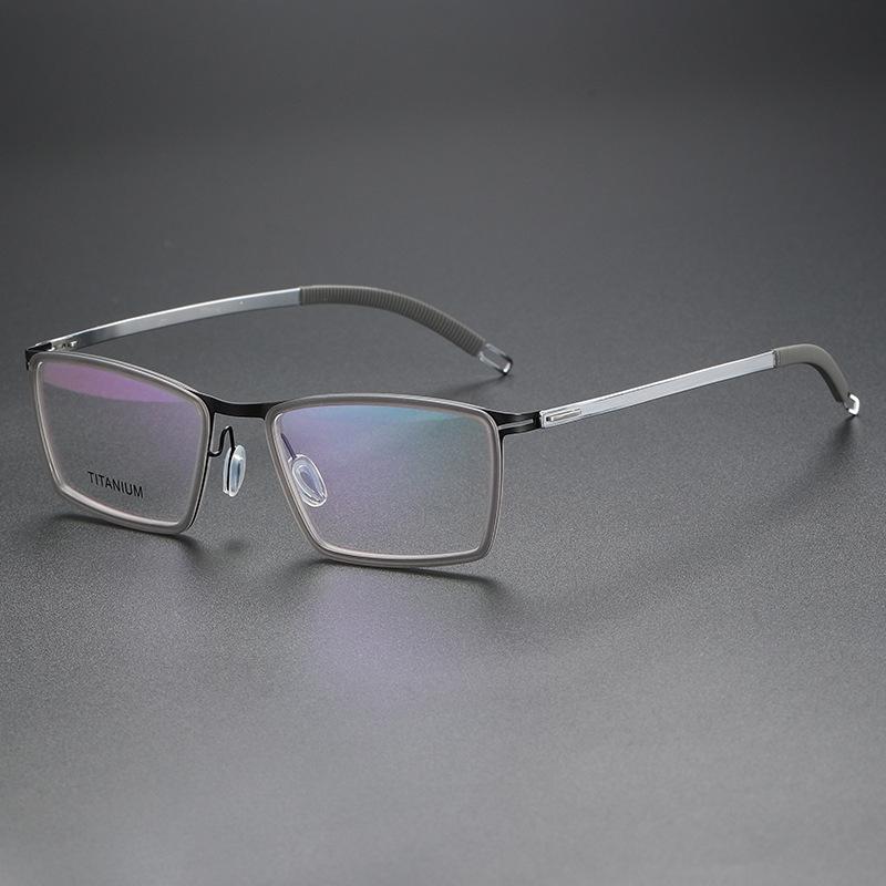 Screwless Pure Titanium Square Glasses with Nylon Frame and Flat Transparent Gray Lenses, Prescription-Compatible