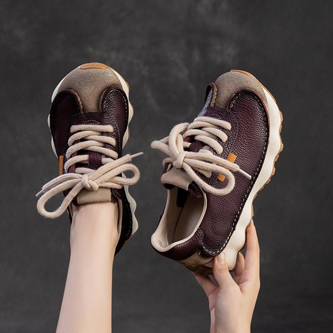 Johnature Genuine Leather Sneakers Versatile Casual Sports Shoes Round Toe Lacd-up Women's Flat Shoes