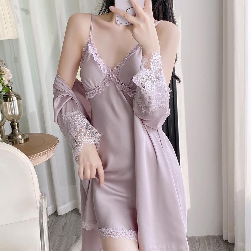Women's Spaghetti Strap Ice Silk Pajamas with Lace Trim - Spring/Summer Nightgown & Robe Set