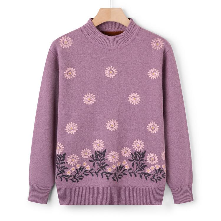 Mom's Autumn Warm Sweater for The Elderly Autumn and Winter Integrated Velvet Sweater Grandma Plus Velvet Thickened Casual Top