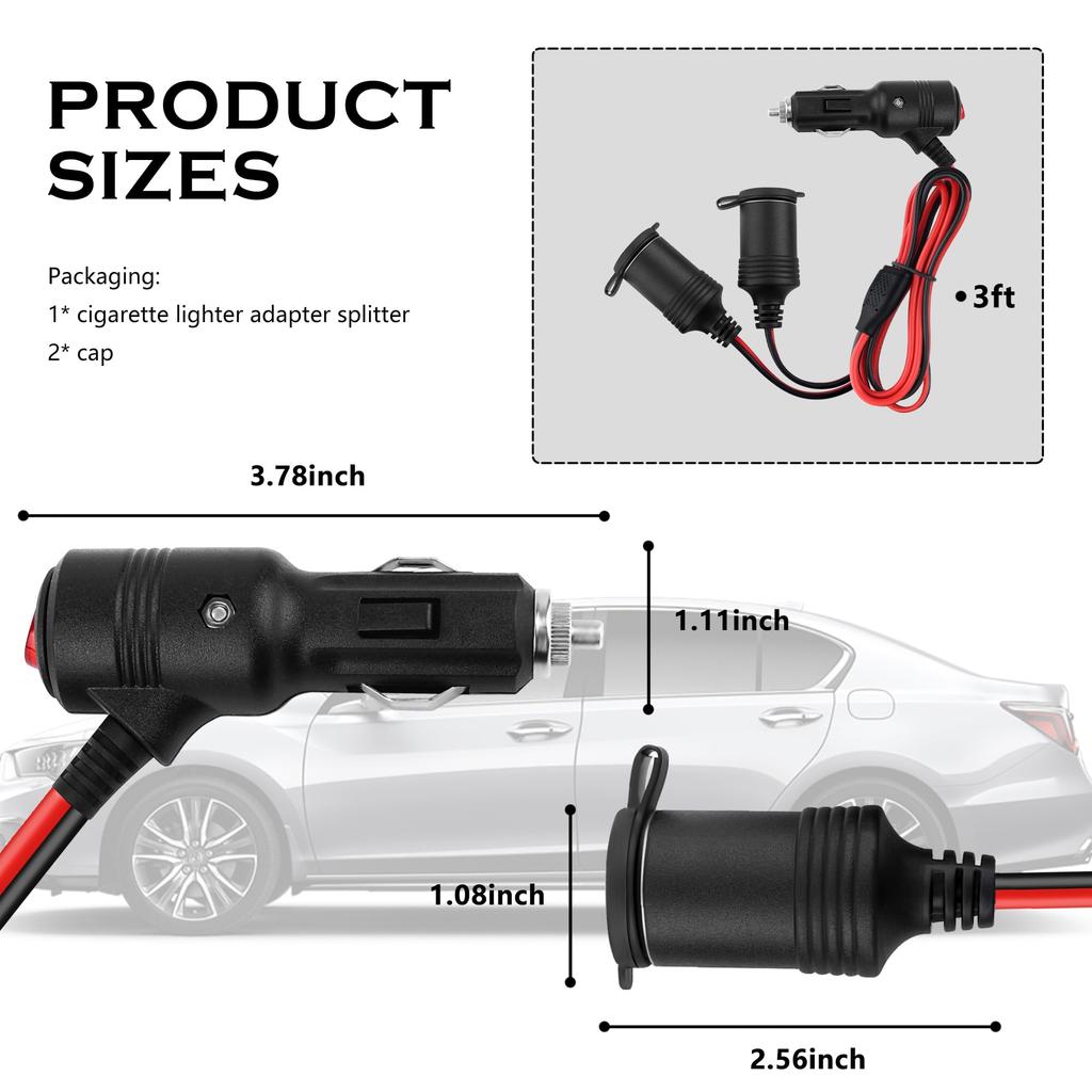 3ft Cigarette Lighter Splitter with Switch Air Inflator Car Vacuum Cigarette Lighter Extension