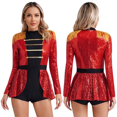 Womens Shiny Sequin Circus Ringmaster Costume Tassel Shoulder Boards Skirted Boyshorts Bodysuit Halloween Leotard