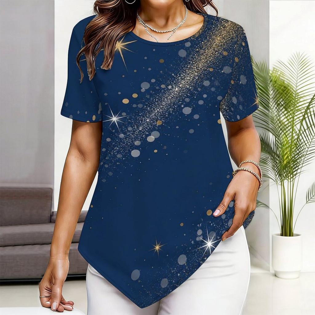 Women Plus Size Short Sleeve Asymmetric Hem Top Multi Point Star Sparkle Patriotic Print Blouse