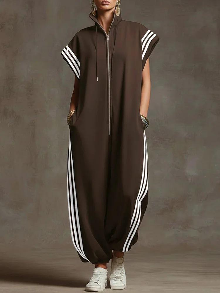 Women s Stand Collar Sleeveless Three Stripes Zip Front Loose Jogger Jumpsuit S