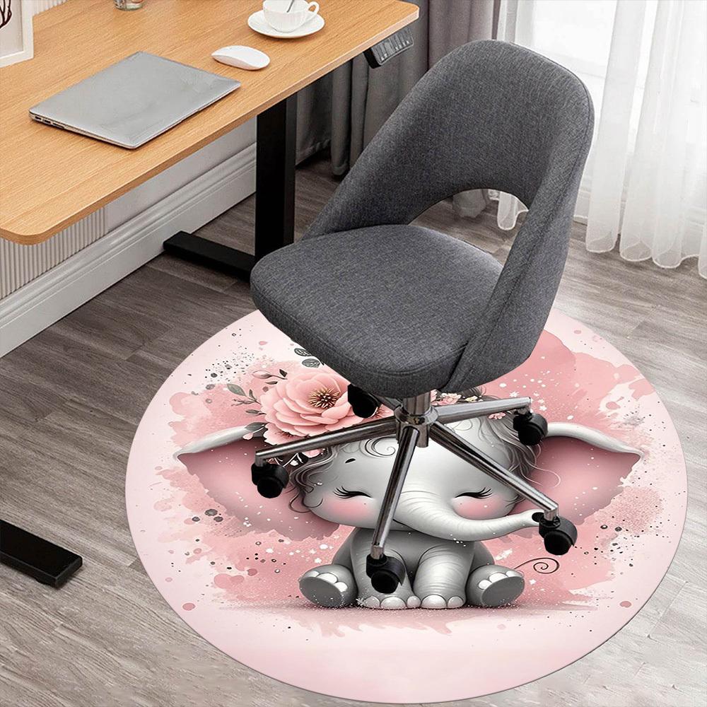 1PC Elephant Flowers Pink Round Chair Mat Area Rug - Non-Slip, Floor Mat for Office, Bedroom, Home Decor Christmas Gift C0528092