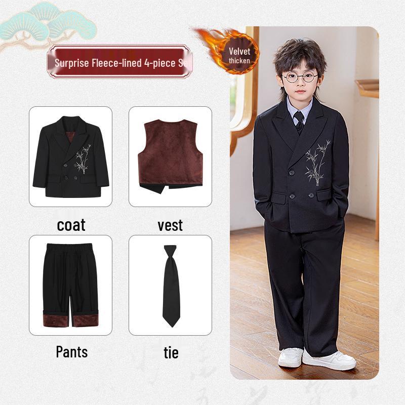 Boys' Chinese-Style Embroidered Velvet Vest and Suit for Autumn/Winter Photography and Performance
