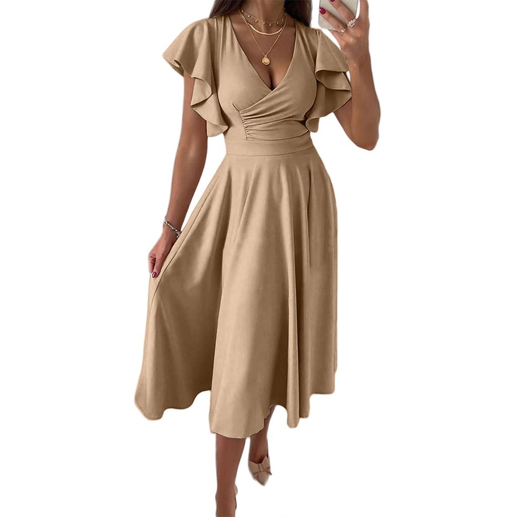 Fashion Ladies Ruffle Skirt Spring And Summer Low V-neck Waist Slim Sexy Dress