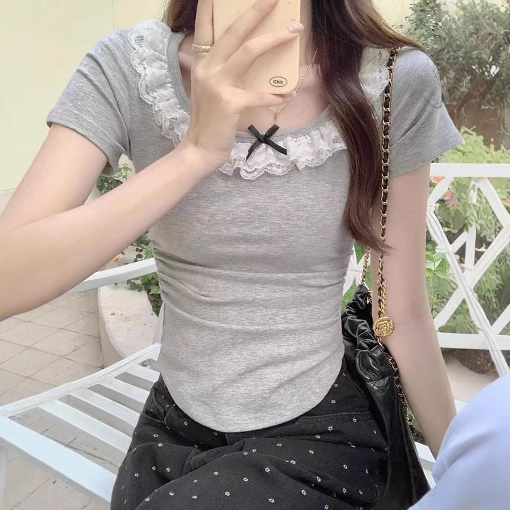 Lace Trim Patchwork Short Sleeve Women's Slim Korean Style Petite Summer Top