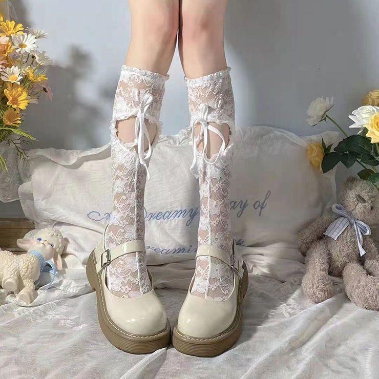 Summer Mid-Calf Calf Socks | Bowknot Black Lace JK Socks with Ripped Heart Design - Cute Thin Style for Women