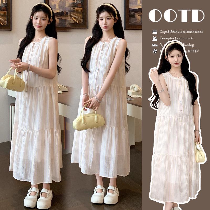 Korean Style 2026 Maternity Striped Sleeveless Loose Dress 2XL