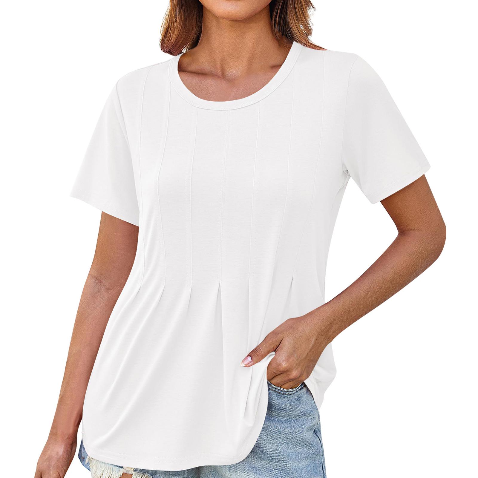 

Womens Summer Tops Casual Ruffle Short Sleeve Crewneck Loose Pleated T Shirts S білий