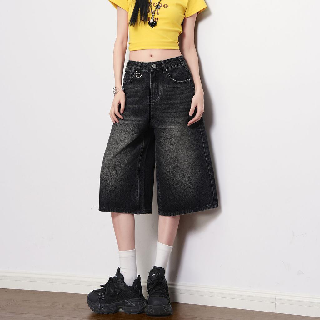 Fashion Black Gray Vintage Distressed High Waist Wide Leg Cropped Capri Denim Pants For Women Trendy Versatile Slimming FigureFlattering Casual Wear