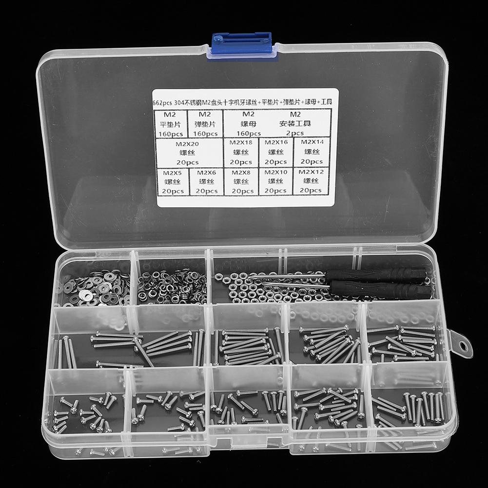 662PCS M2 Screw Set 304 Stainless Steel Pan Head Cross Machine Screw+Flat Elastic Washer+Nut