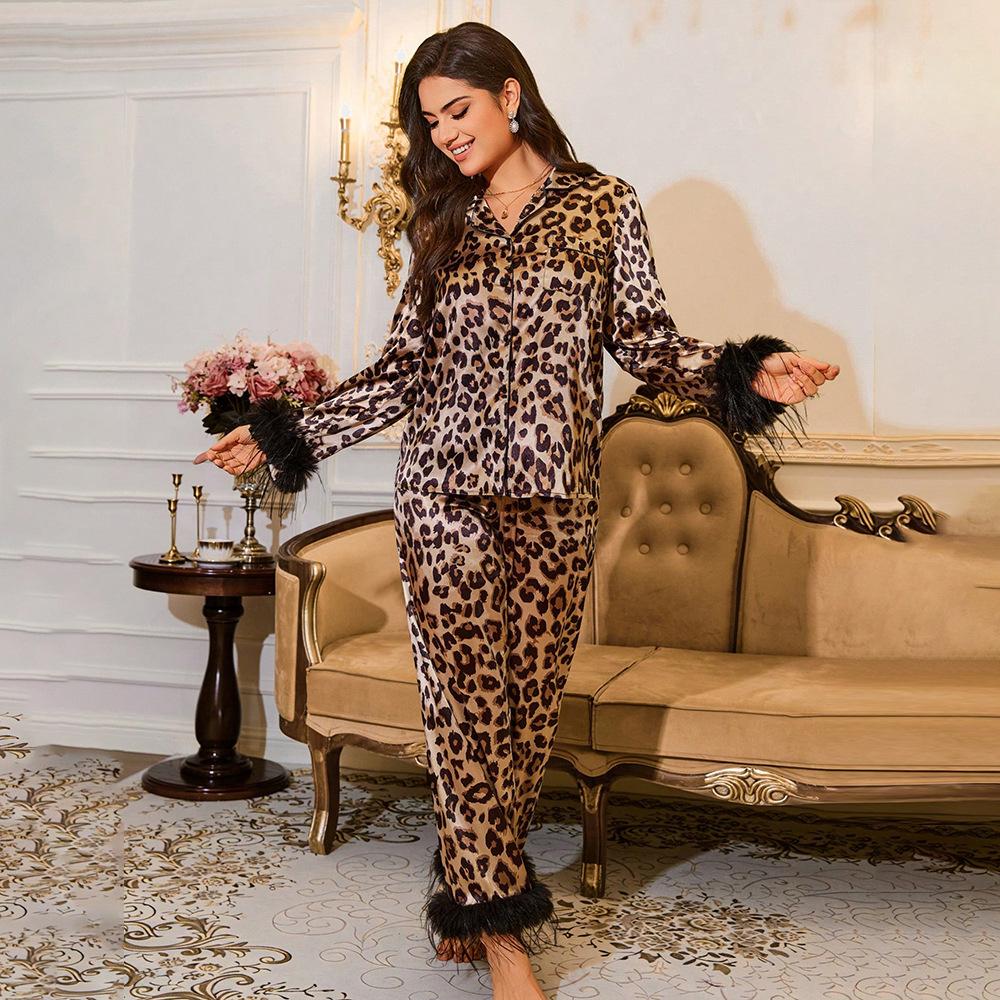 Ice silk leopard print pajamas winter long-sleeved trousers set women's European and American sexy daily shirts homewear export