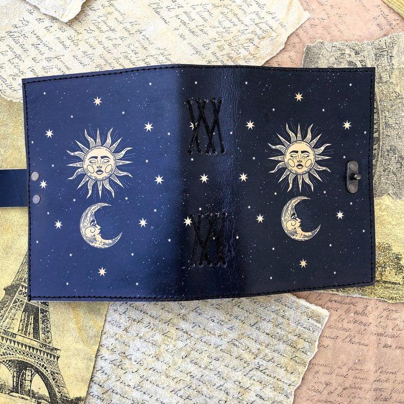 Vintage look Leather Journal leather notebook Handmade Beautiful Sun Moon Sketchbook Writing Journal Antique Deckle Edge Paper C-Lock Travel