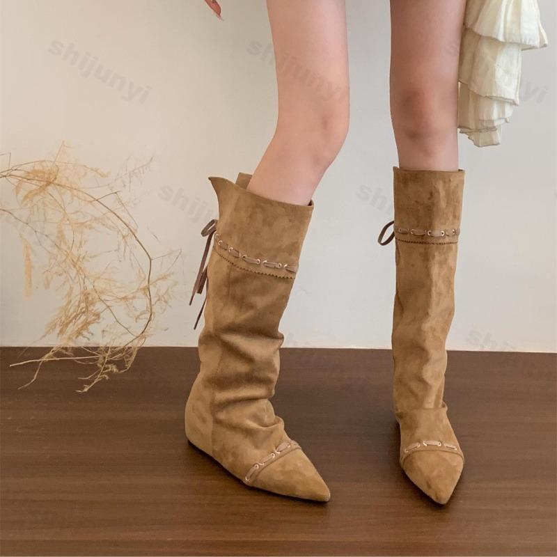 Bottes de Chevalier pour Femmes 2026 Automne Vintage Daim Plissé Mode Bout Pointu Élévation Interne Chaussure Dames Western Longues Botas Mujer