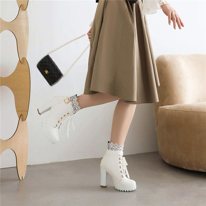 FOREADA Woman Ankle Boots Round Toe Platform Chunky High Heels Buckle Zipper Lace-up Short Boot Lady Fashion Shoes Autumn Winter