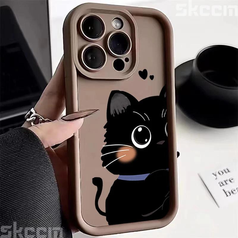 Cute Cartoon Black White Cat Phone Case For iPhone 16 Pro Max 15 14 13 12 11 XS XR X 8 7 15 Plus Shockproof Soft Silicone Cover