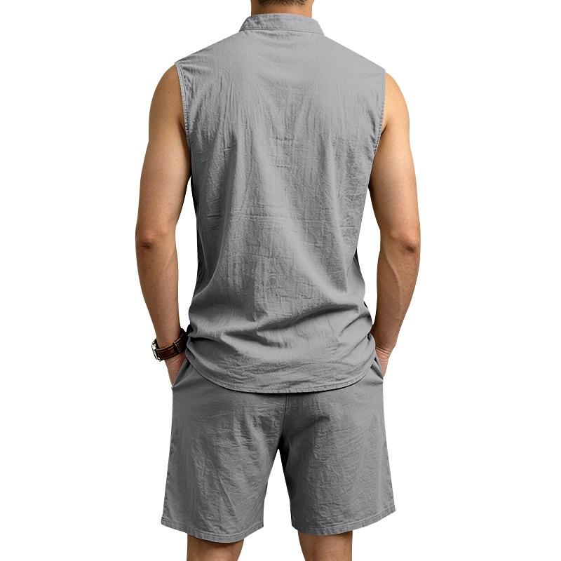 Men Solid Linen 2 Piece Outfit Mandarin Collar Lace Up Sleeveless Tank Drawstring Shorts Beach Set