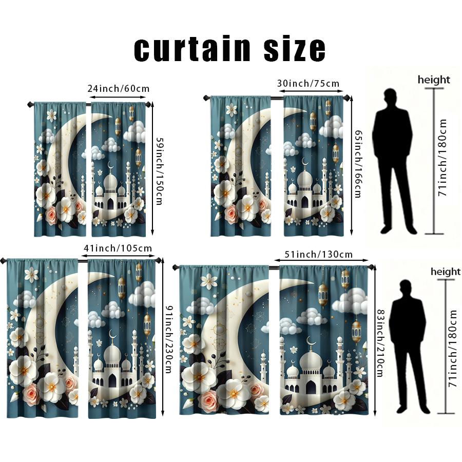 2 Stück Blaue Boden-Halbmond-Islamische Element Vorhänge, Romantischer Stil, Wohnzimmer und Schlafzimmer, Stangentaschen-Dekoration