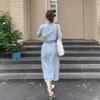 Blue Lapel Dress Women's Summer New Design Sense Gentle Temperament Waist Thin Shirt Skirt