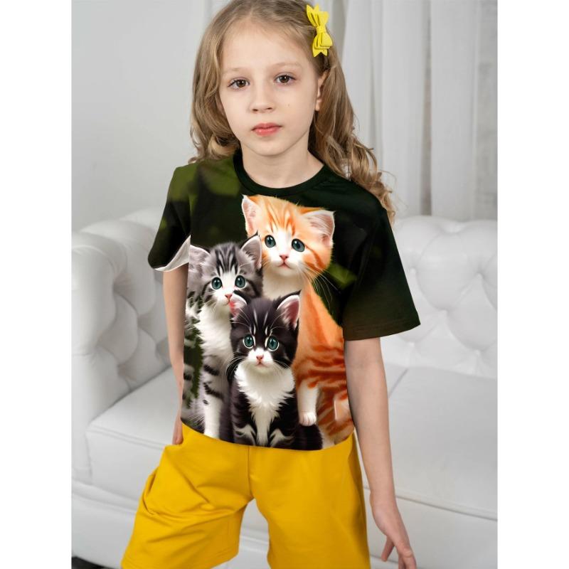 

Летняя футболка для детей 3-14 лет, детская, с 3D мультяшным аниме-принтом кошки, с короткими рукавами, для мальчиков и девочек 170