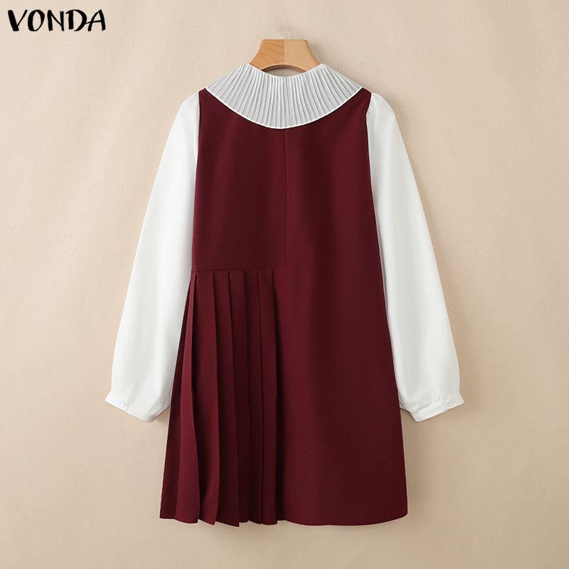 VONDA Women Lapel Neck Long Sleeve Ruffled Office Style Elegant Mini Dress