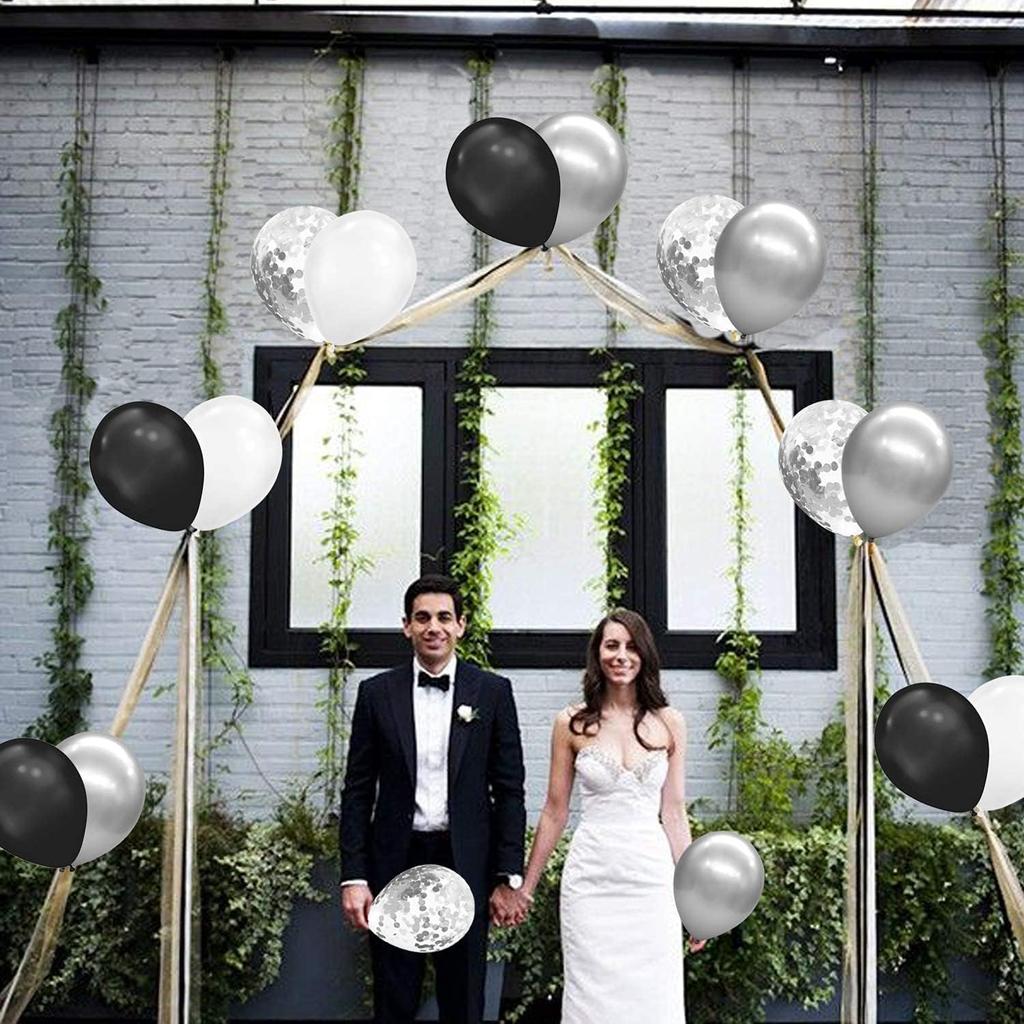 12inch 100pcs silver black white balloon set with confetti, suitable for weddings, birthdays, theme parties, family gatherings