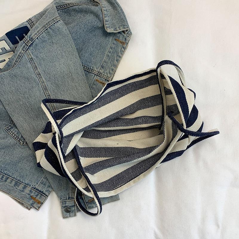 Casual Literary Canvas Bag Fashionable Contrasting Color Handbag Small Fresh Striped Shoulder Bag Women's Bag
